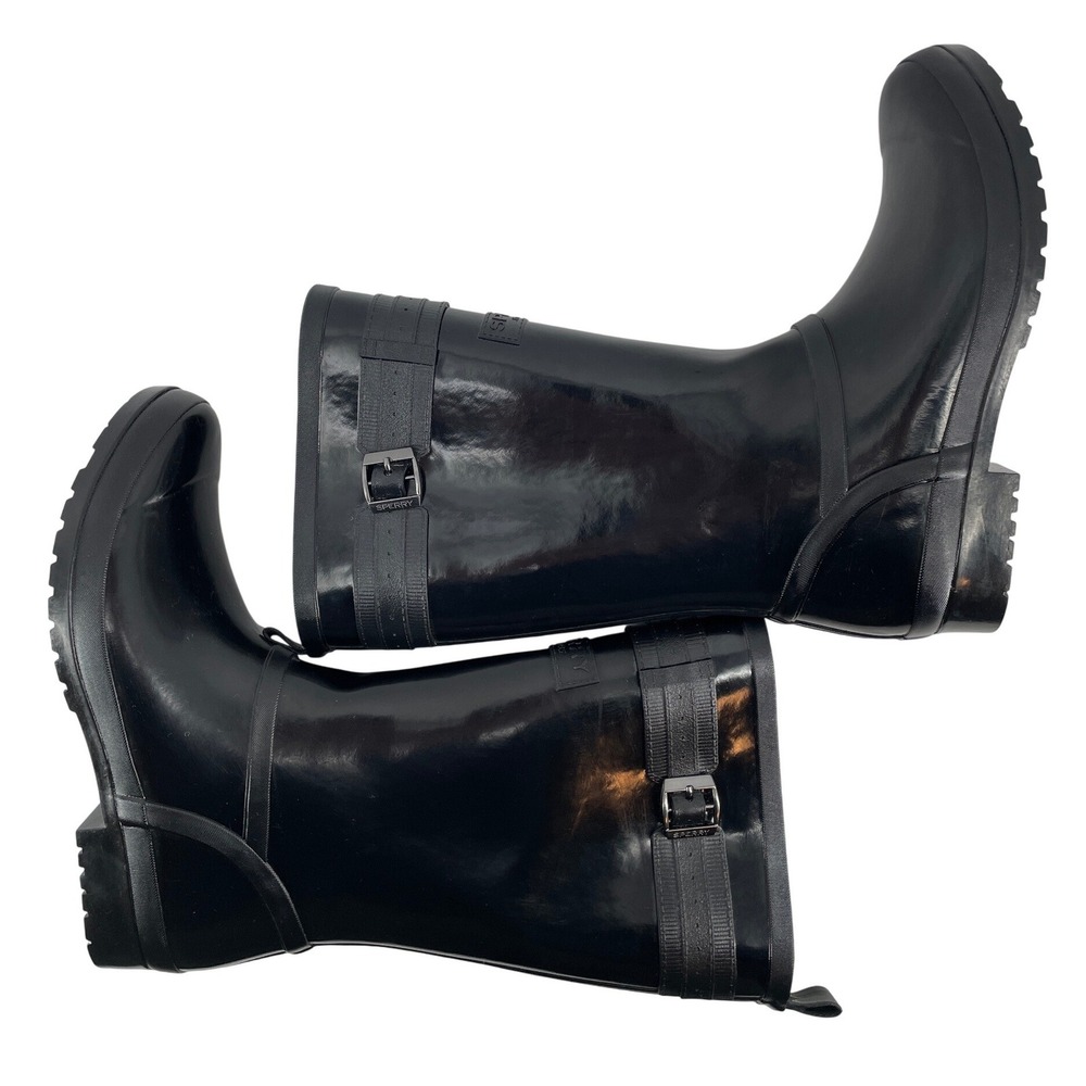 Sperry Waterproof Rubber Rain Boots Womens 10 Black STS82562 Glossy Buckle Tall